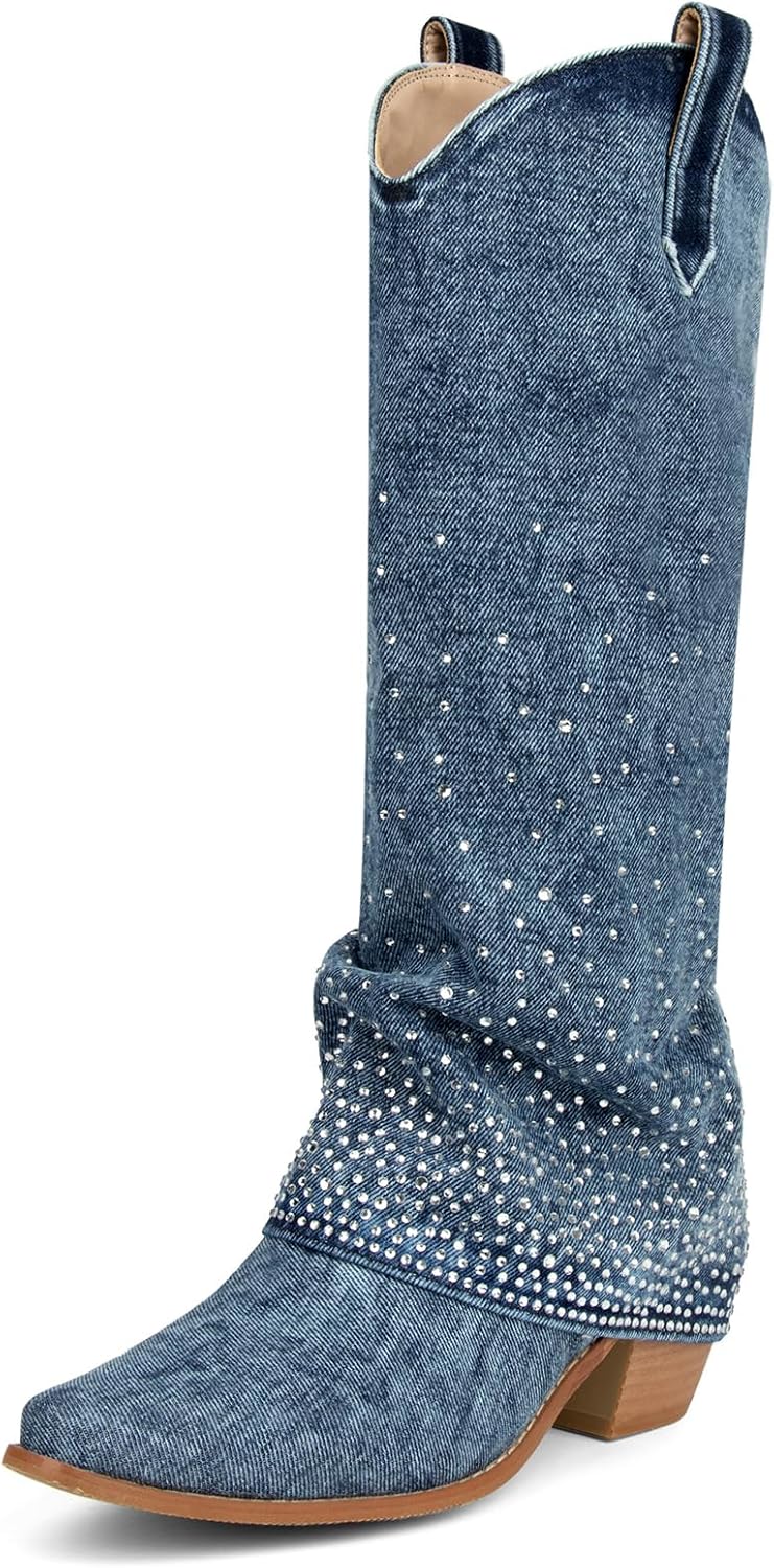 Seborluys Rhinestone Denim Fold Over Knee High Boots for Women Blue Chunky Heel Sparkly Cowgirl Jean Boots Slouchy Pointed Toe Pull On Fashion Western Boot
