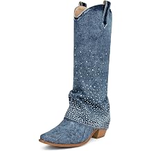 Seborluys Denim Cowboy Boots for Women Rhinestone Fold Over Knee High Boots