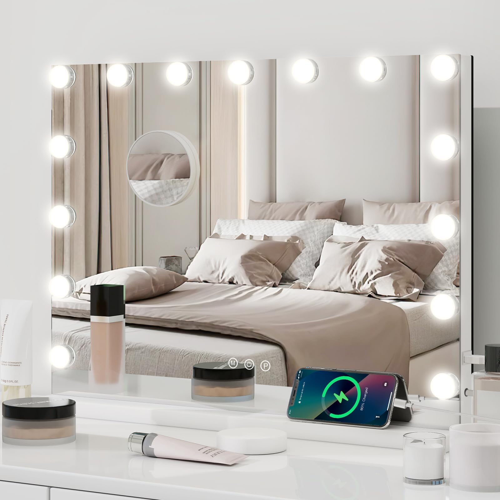 YOURLITE Hollywood Vanity Mirror with Lights, 58×45cm Lighted Makeup Mirror with 15 Dimmable Led Bulbs, 3 Lighting Modes, Touch Screen Control, Tabletop and Wall Mounted Cosmetic Mirror For Bedroom