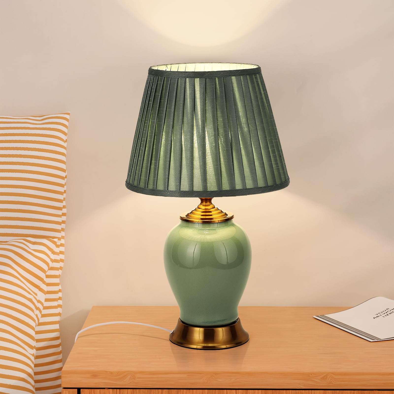 Tischlampe Moderne E27 Nachttisch Lampen, weiße Stoff Lampenschirm Schreibtischlampe, Keramik Nachttisch Lampe Schlafzimmer Dekoration Studie Leselampe, Grün