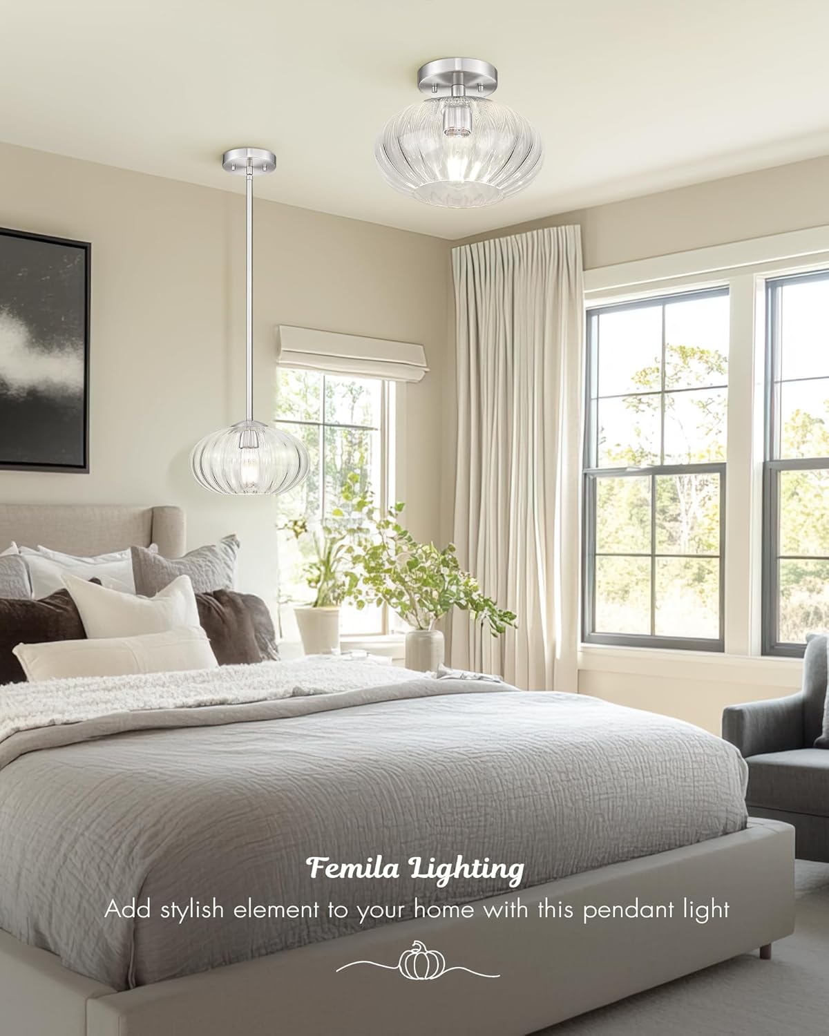 FEMILA 10.3" Brushed Nickel Ceiling Lights, Pumpkin-Shaped Glass Ceiling Light for Living Room, Bedroom, Kitchen, 4FYD85F BN