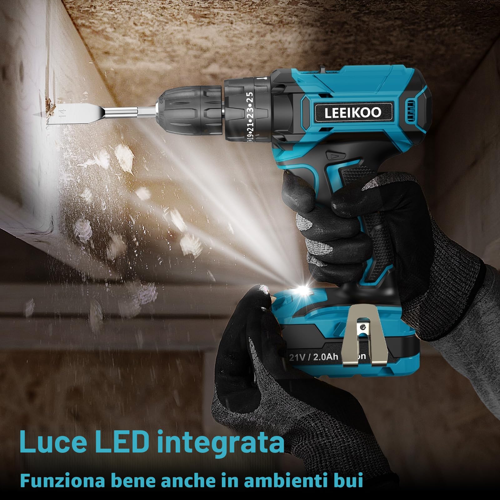 Trapano Avvitatore Batteria 21V, LEEIKOO Avvitatore a Batteria con Batterie 2.0Ah, 42N.m Avvitatore Elettrico, 25+3 Coppie, 2 Velocità, LED Luce(Sotto la Maniglia), 23PCS Accessori per Fai da te