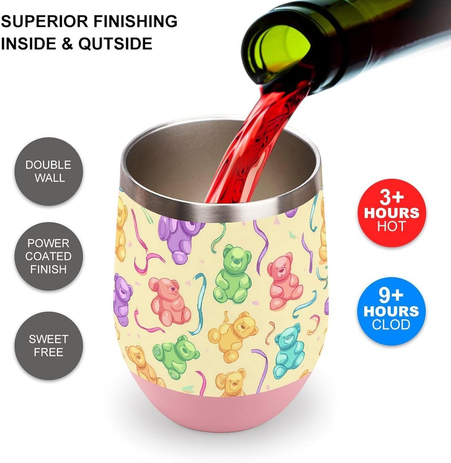 Gummy Bears Candy Ribbons Insulated Drinking Cup Stainless Steel Coffee Mug Wine Tumbler with Lid 12OZ