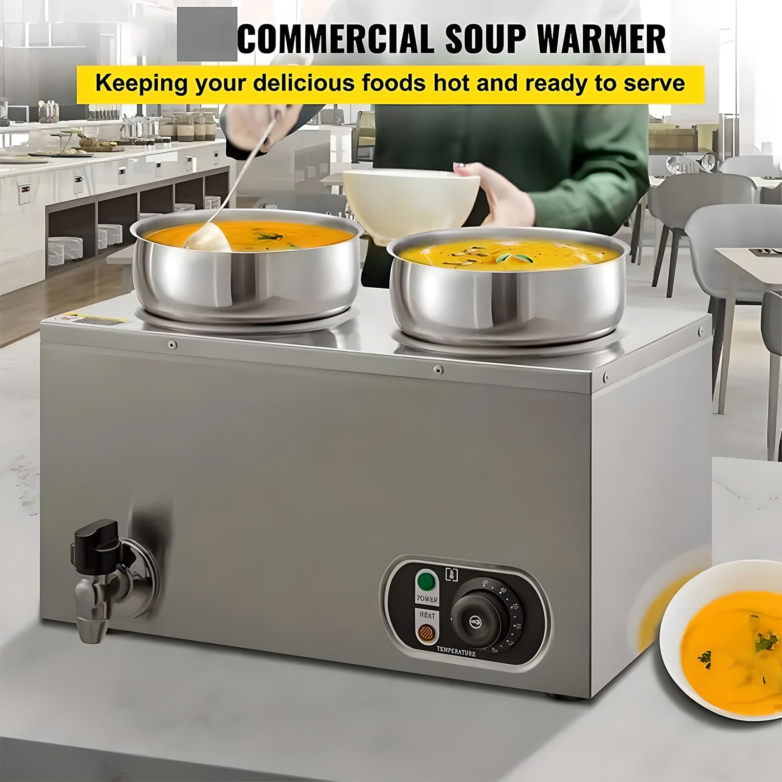 Scaldavivande elettrico commerciale, in acciaio inox, temperatura regolabile 50-85 ℃, scaldabagno da banco per catering e feste, doppia testa 7L