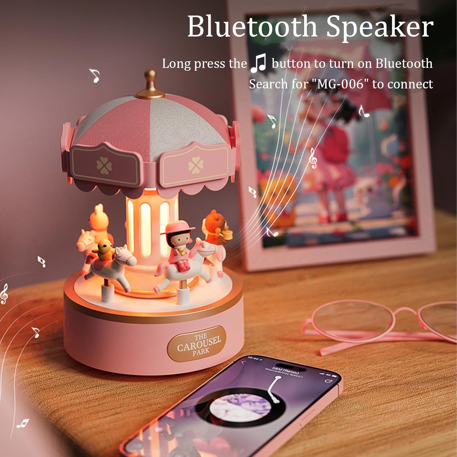 Cute Carousel Night Light with Bluetooth Speaker, Dimmable Warm Light, Exquisite Decorative Rechargeable Desk Lamp, Gift for Girls and Kids (Pink-BT Speaker)