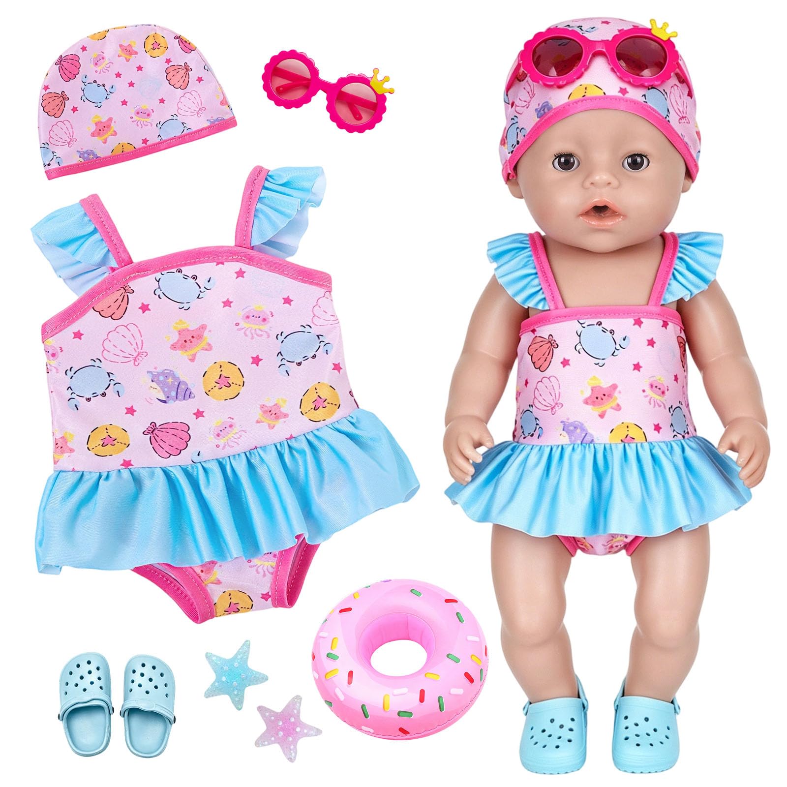7 Pcs Doll Swimwear Outfit Set for 14–17 Inch Baby Dolls – Includes Swimsuit, Slippers, Hanger, 2 Starfish Accessories, Sunglasses, Drink Holder, for Kids (Doll Not Included)