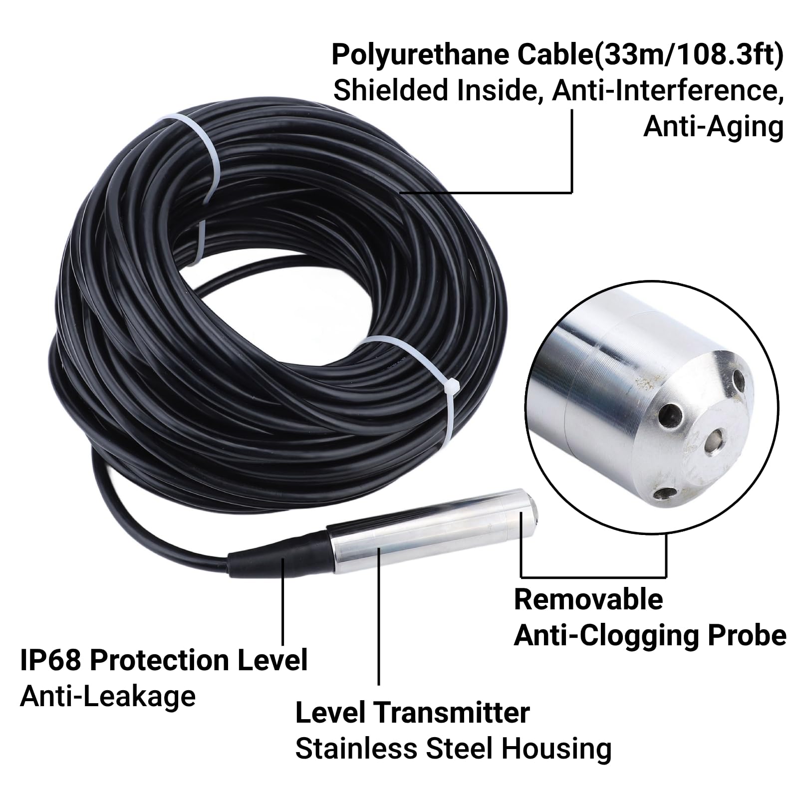 Füllstandssensor 4-20 mA Edelstahl-Wasserstandsgeber Wasserstand Sensor mit 33 M Wasserdichtem Kabel für Reservoir-Wasseranlage