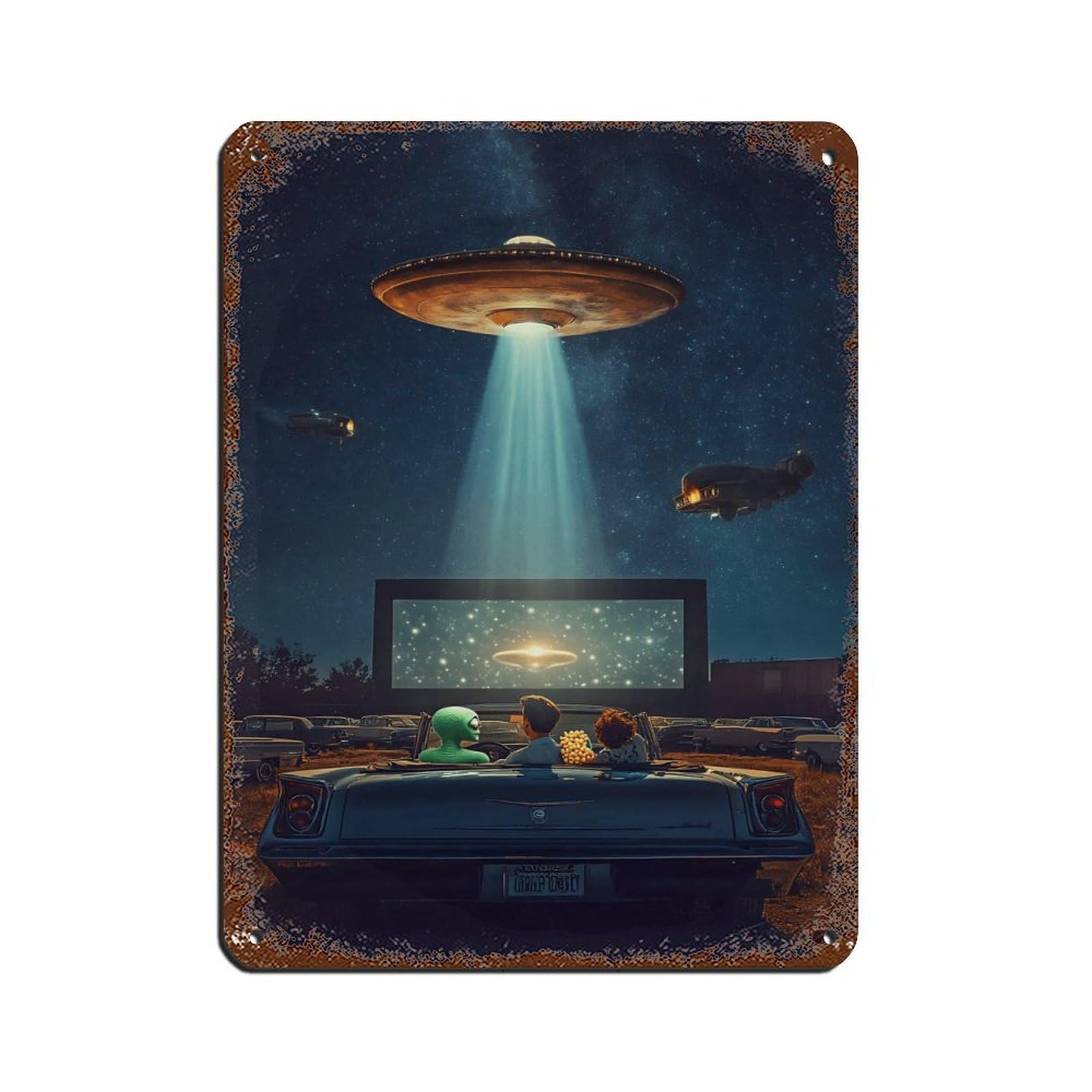 Retro UFO Drive-In Movie Night Tin Sign Vintage Metal Pub Club Cafe Bar Home Wall Art Decoration Poster Retro 12x16inch(30x40cm)