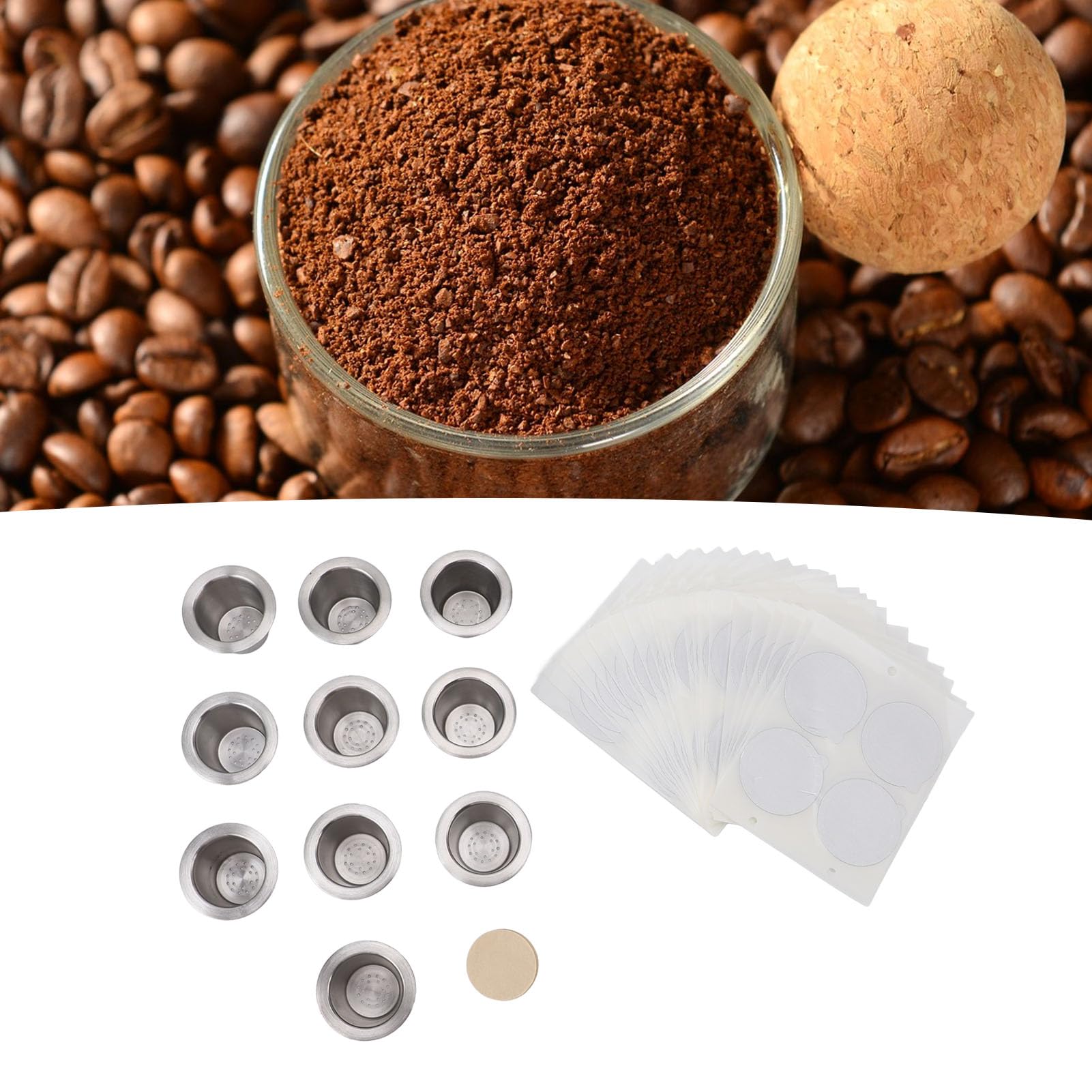 Taza de cápsulas de café recargables, cápsulas de café reutilizables de acero inoxidable con tapas de papel de aluminio, 10 Uds.