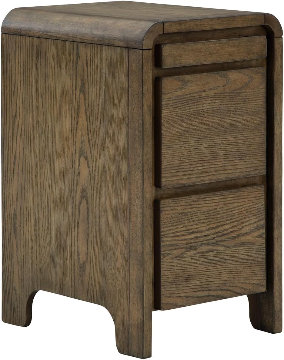 Signature Design by Ashley Jensworth Contemporary 2-Drawer Accent Table with USB Ports, Pull-Out Tray and Curved Edge Details, Light Brown