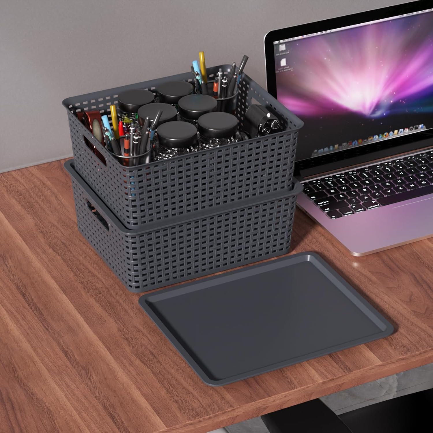 Hespama 6 Pack Plastic Woven Baskets, Stackable Storage Basket with Lid, Dark Grey