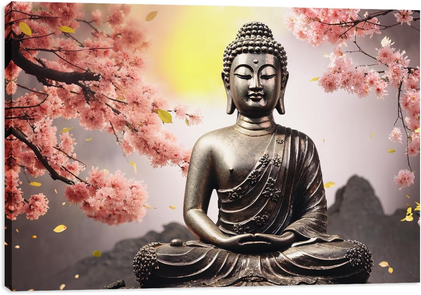 MODOJOART Buddha Canvas Wall Art, Golden Zen Statue with Pink Flowers Poster Painting Motivational Buddha Picture Canvas for Living Room Bedroom Decor(Artwork-08, 18"x12")