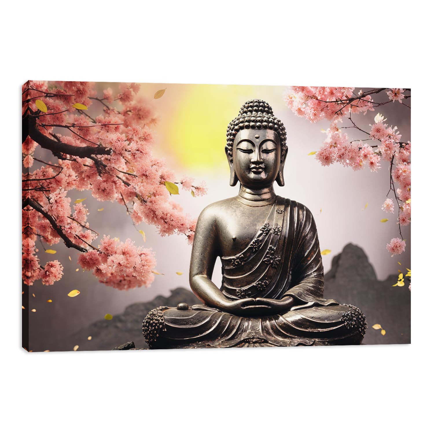 MODOJOART Buddha Canvas Wall Art, Golden Zen Statue with Pink Flowers Poster Painting Motivational Buddha Picture Canvas for Living Room Bedroom Decor