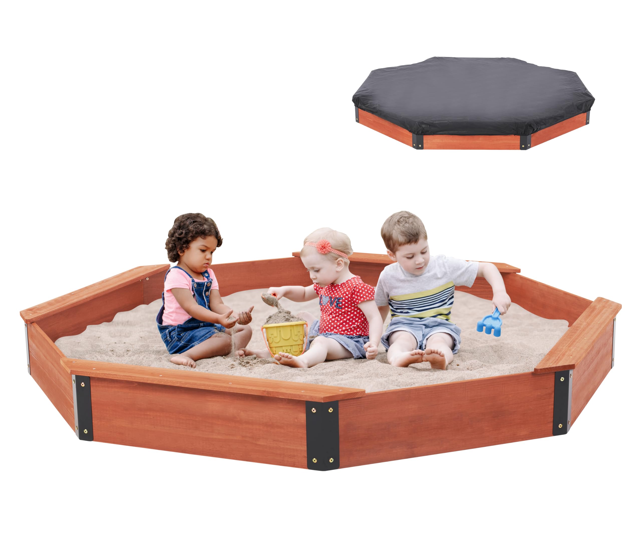 85''x78''x9'' Wooden Octagon Sandbox with Cover, Large Sandpit for Kids Outdoor Patio Backyard Play, Easy & Quick Assemble