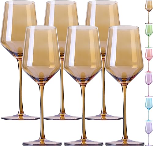 Juego de 6 copas de vino ámbar sopladas a mano, de tallo largo, no se decolora, juego de 6 copas de vino de cristal ámbar para bar, fiesta