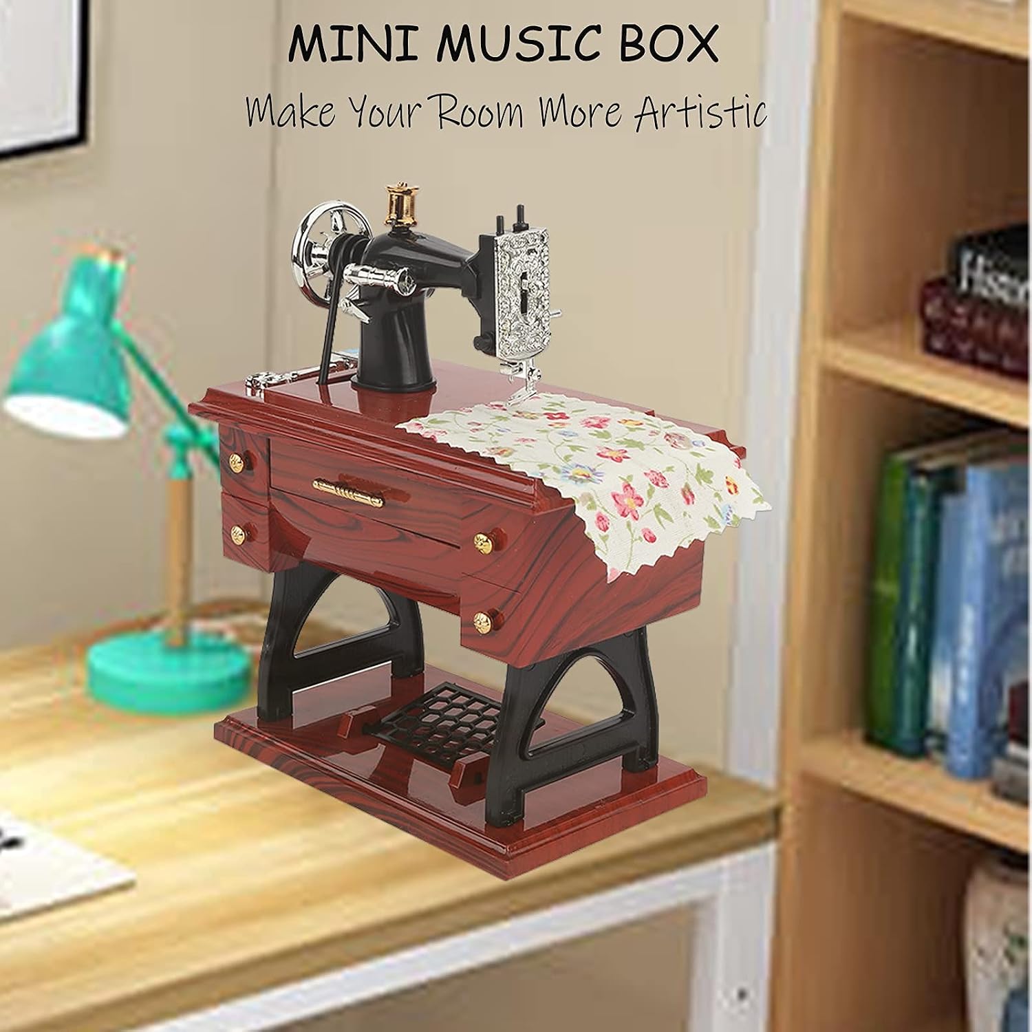 Vintage Mini Sewing Machine Music Box, European Retro Classical Treadle Sewing Machine Table Desk Mechanical Clockwork Music Box for Home Decor Birthday Gift