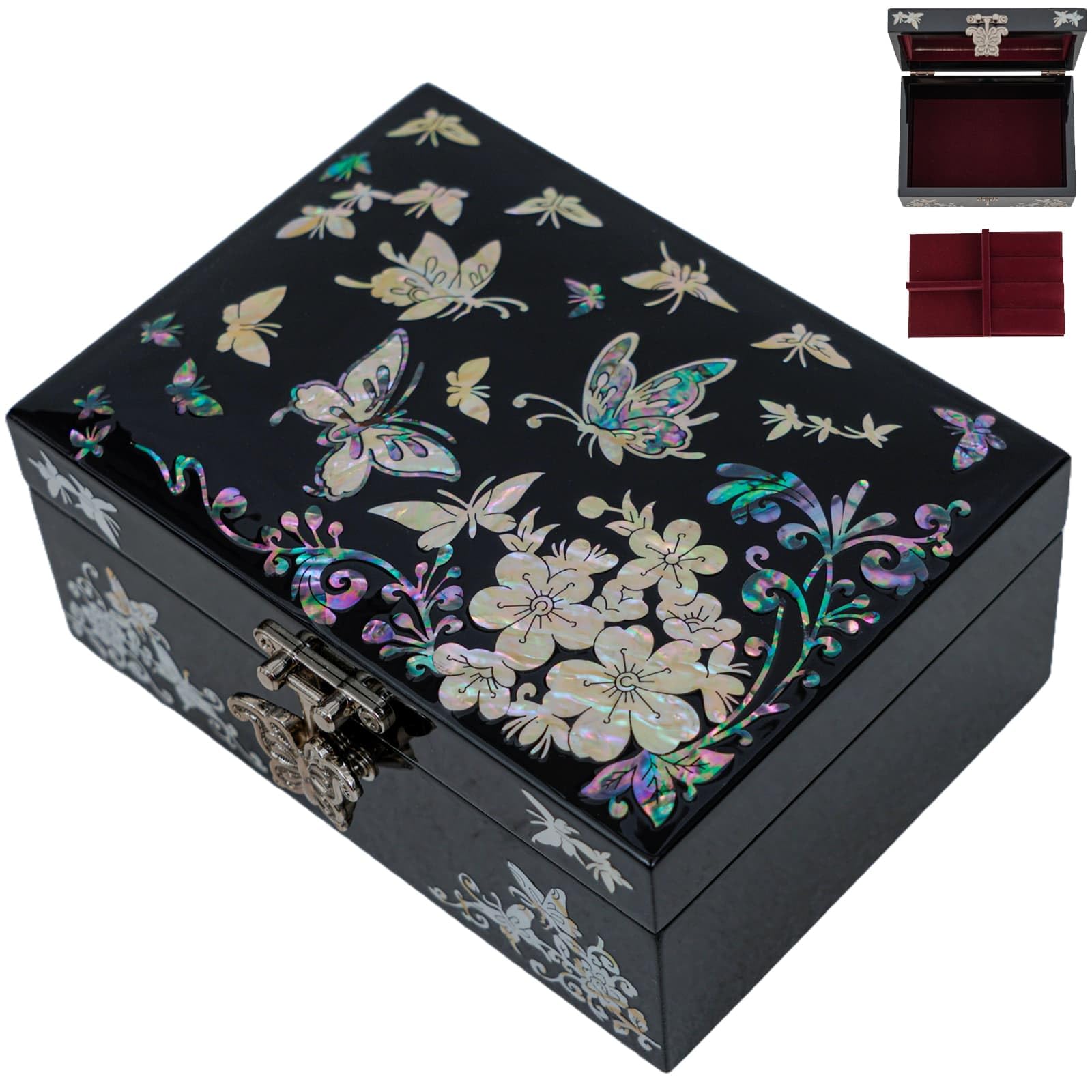 February Mountain Mother of Pearl Jewellery Box with Ring Tray - Gifts for Women Birthday Wedding Mother's Day Christmas Graduation Gifts (Butterfly)