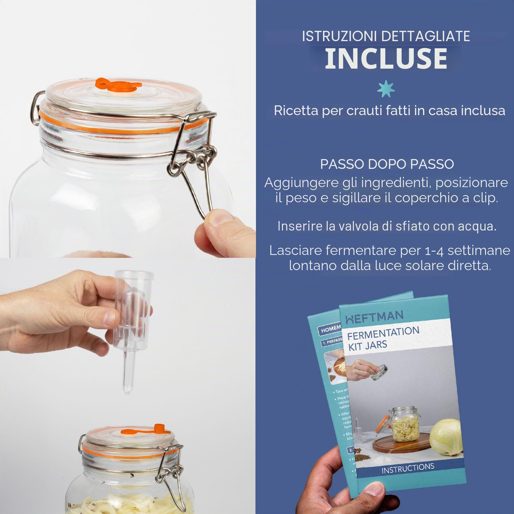 HEFTMAN Barattolo per fermentazione con Airlock, 1 l, ideale per fermentazione sicura, coperchi in silicone e pesi di fermentazione, confezione da 2