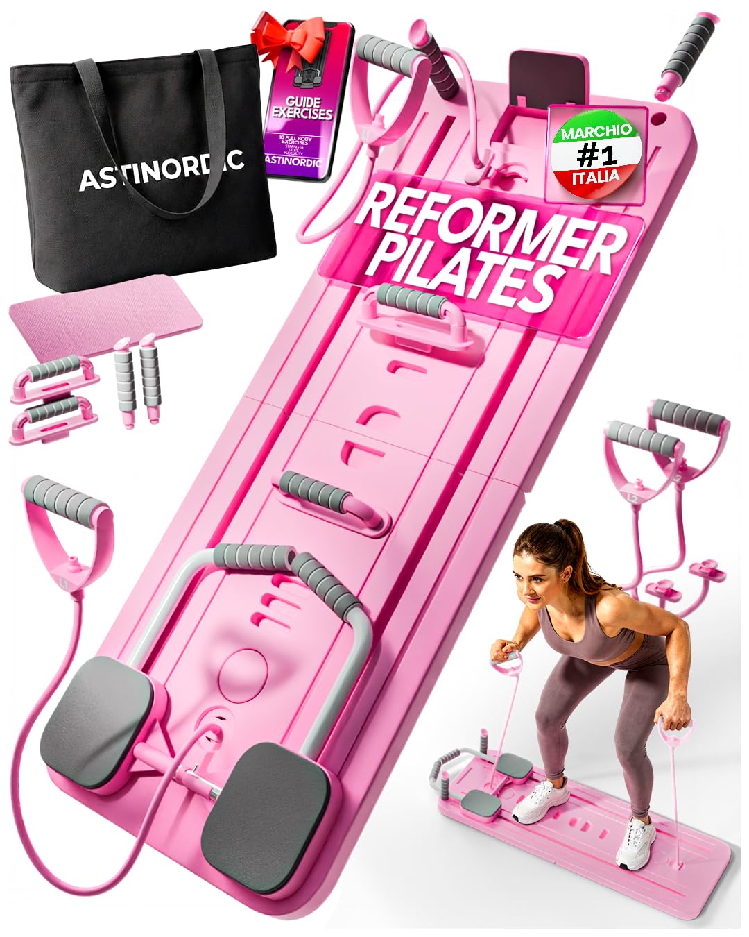 Pilates Reformer Pieghevole per Casa con Accessori + Guida 10 Esercizi | Mini Reformer Pilates | Tavola Board Multifunzionale | Attrezzi Fitness Casa | Kit Completo Home Gym