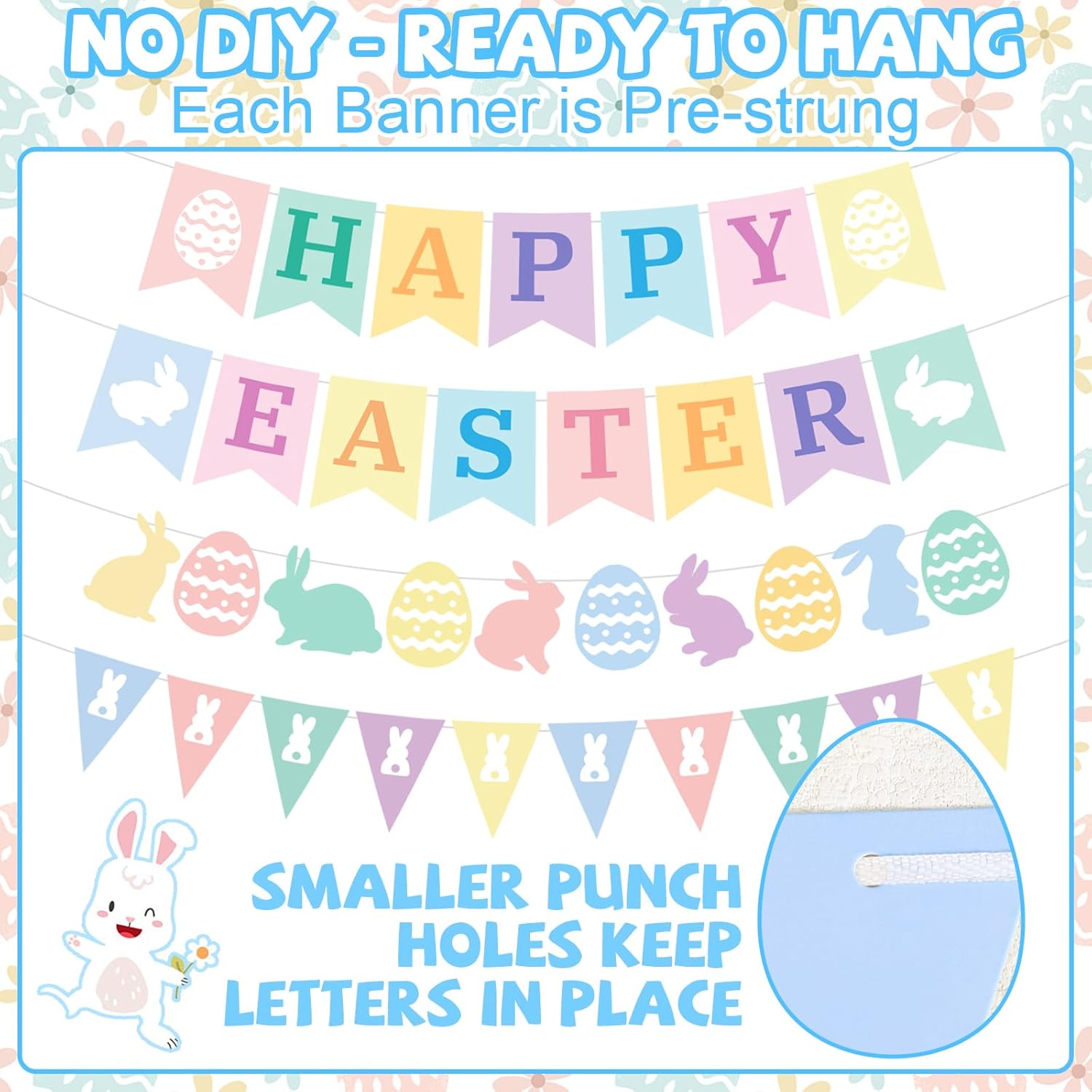 6PCS Pre-strung Happy Easter Banner, Happy Easter Garland Decorations Include Happy Easter Banner Cute Bunny Eggs Sign Circle Garlands for Home Spring Farmhouse Office Mantle Wall Decor