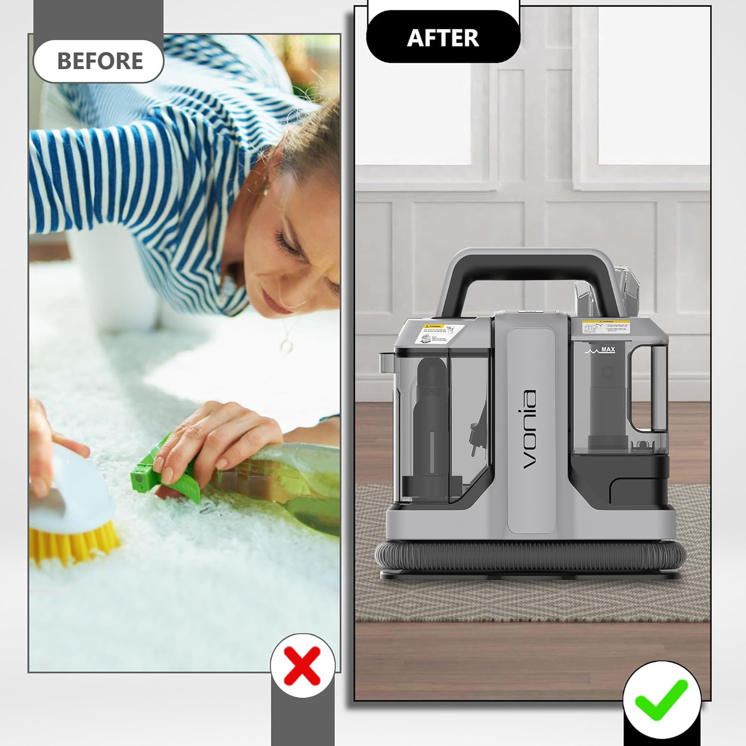 Before and after comparison of a carpet stain, showing significant improvement after using the Vonia Spot Cleaner.