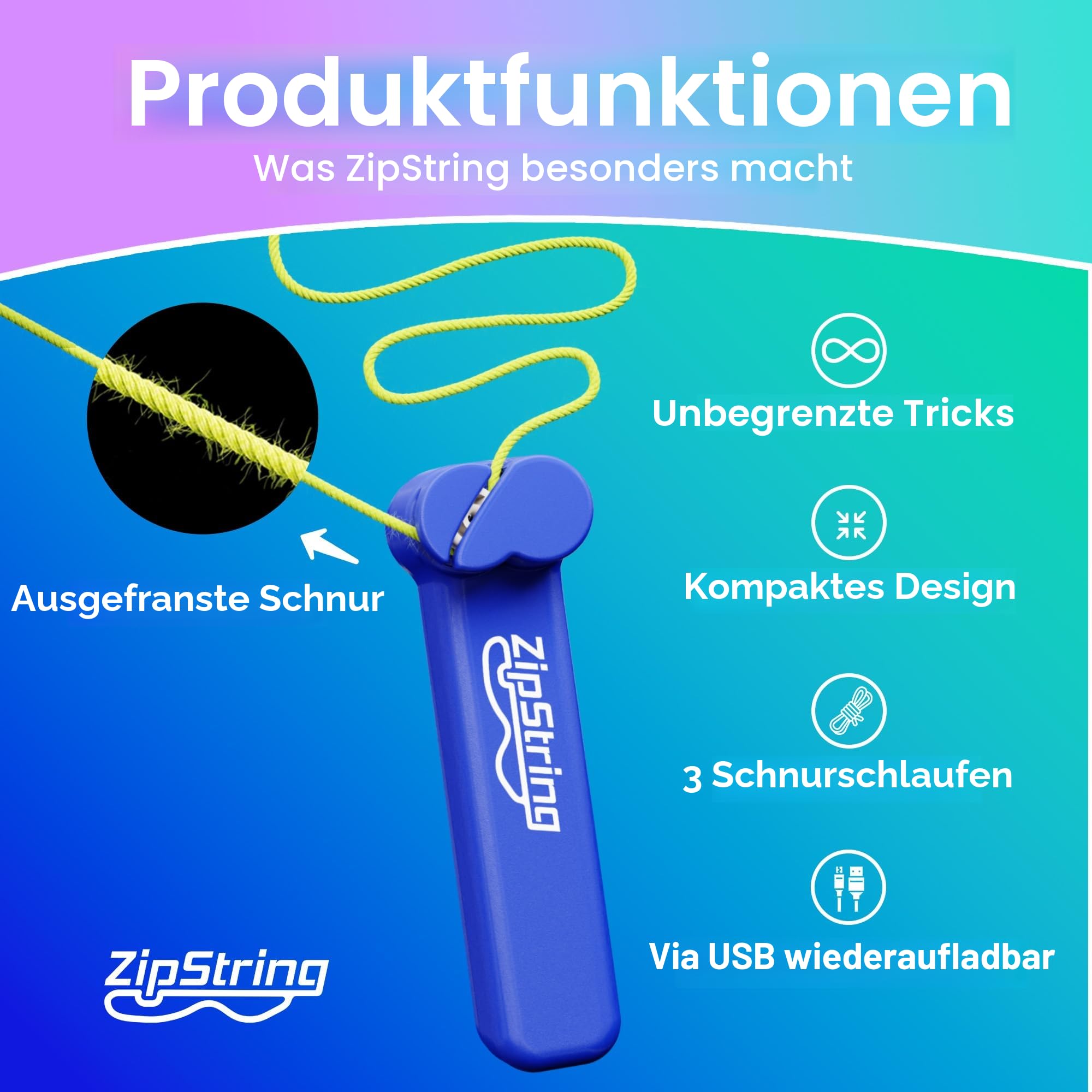 ZipString String Rope Launcher Bodacious blue - original from ZipString - Outdoor Toy Viral, Fidget Toy, Launcher Gravity Defying and Boost Imagination and Unlimited Possibilities for Kids and Adults