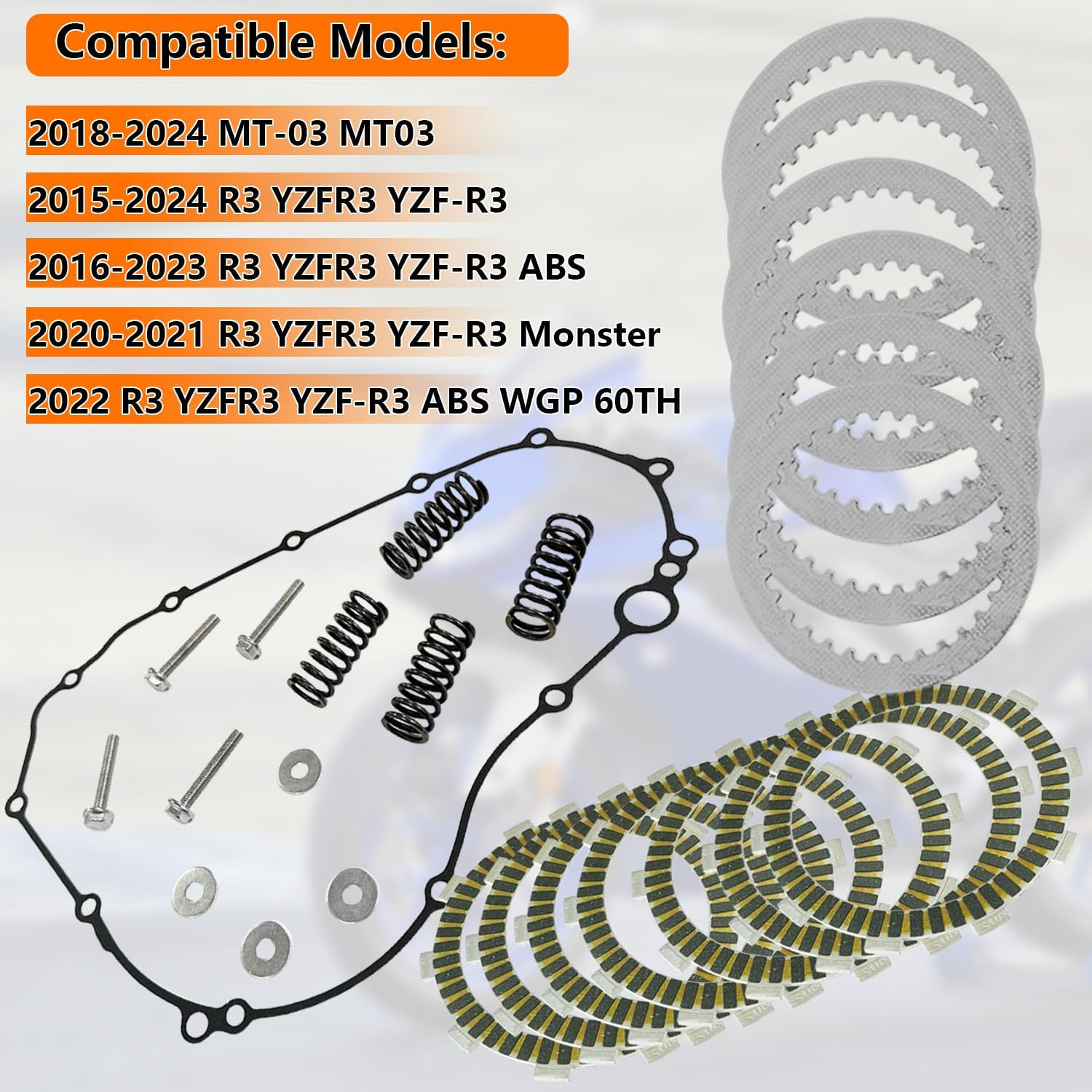 Extra Clutch Plate Friction Steel Clutch Kit and Gasket Fit for 2020-2024 Yamaha MT-03 2015-2024 Yamaha YZF-R3