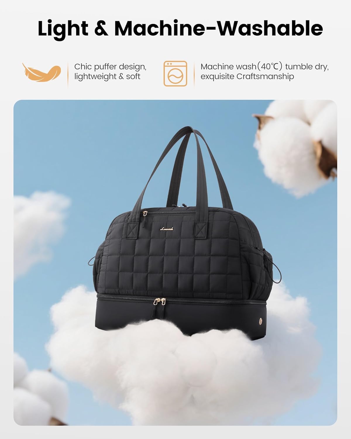 LOVEVOOK Large Travel Duffle Bag, Women's Weekender & Overnight Bag with Shoe Compartment, Airplane Carry On, Machine Washable, Lightweight, Utility Style, Black - Image 3