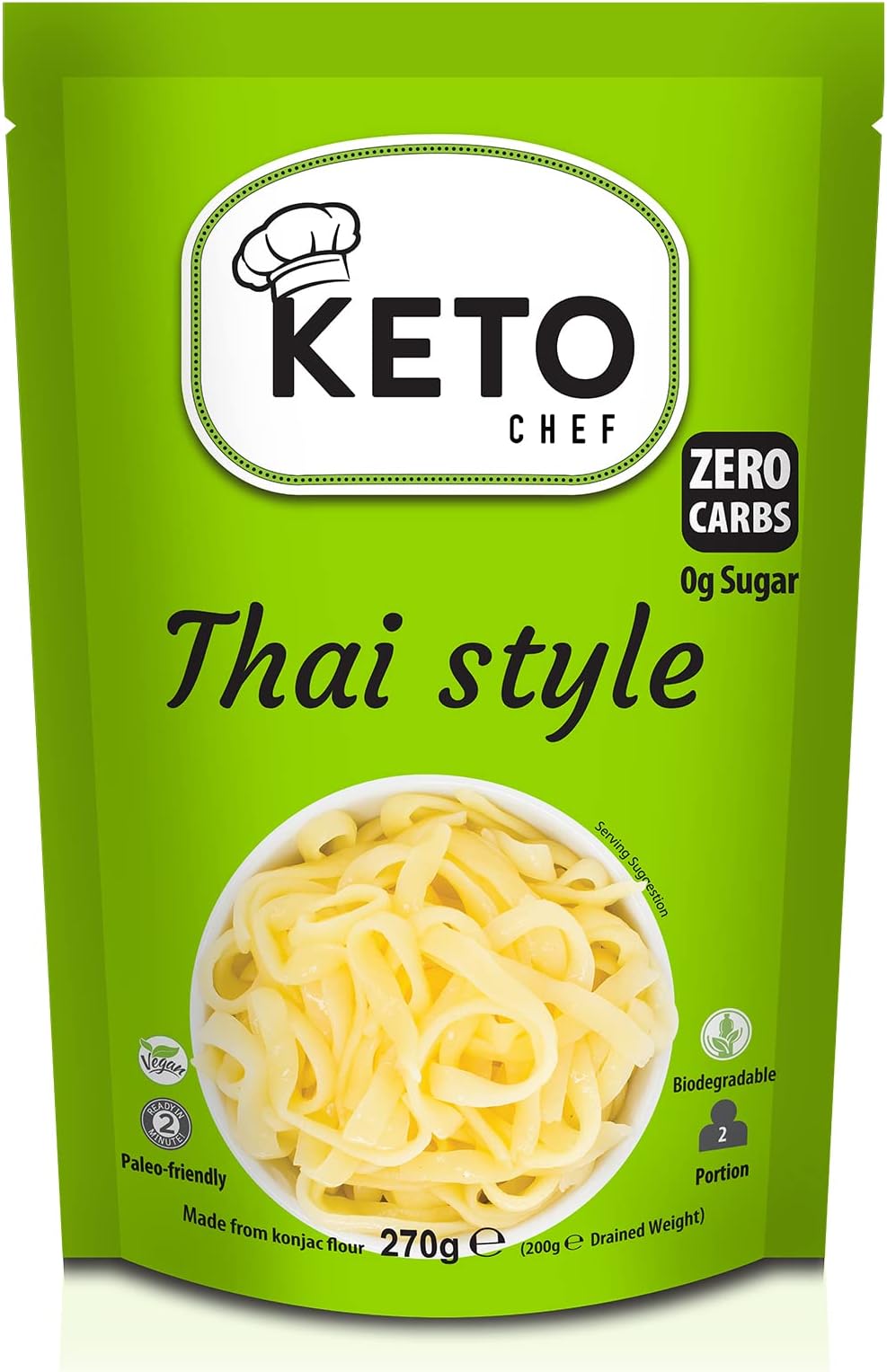 Keto Chef Vegan Thai Style Noodles - Paleo Friendly Instant Konjac Noodle, Shirataki, Free-From & Sugar Free, Contains Zero Carbs & Fat, Keto Friendly Healthy Diet Food | Ready to Eat (270g)