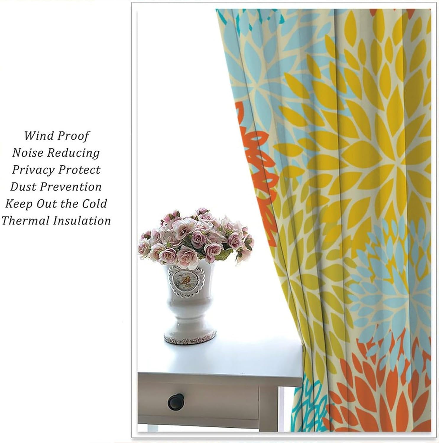 Blue Yellow Floral Curtains, Boho Dahlia Chrisanthemum Flowers Bright Window Treatments for Living Room Bedroom Kitchen, Floral Seamless Pattern Drapes 2 Panel Sets,42x45 Inch Blackout