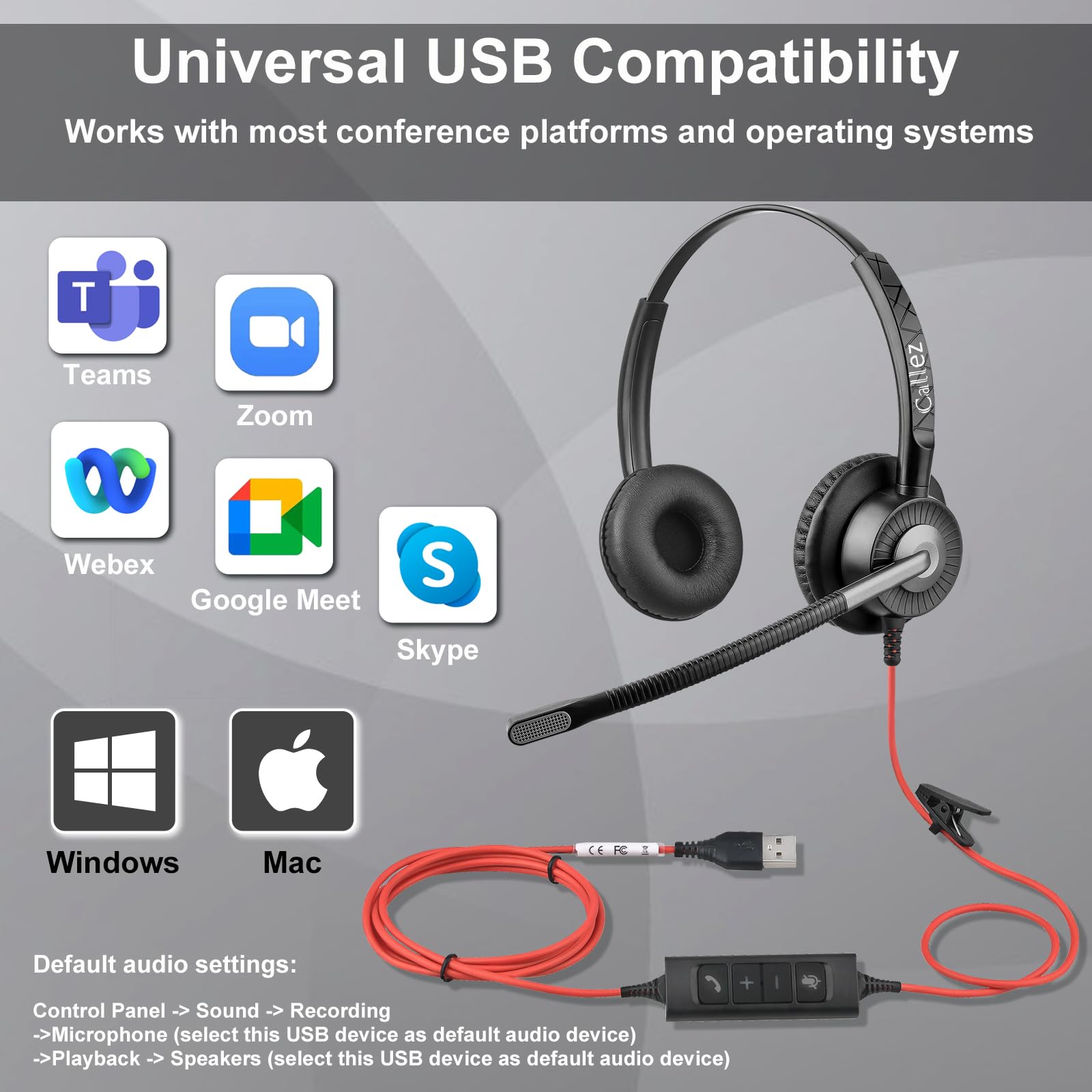 Callez Cuffie USB PC con microfono, cuffie stereo con microfono ENC 2 per cancellazione del rumore, controllo delle chiamate, cuffie business con cavo per home office call center team, zoom skype