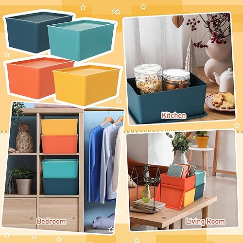 Miniatura 6 de Menkxi 4 contenedores de almacenamiento grandes y coloridos con tapa de 10.6 x 7.5 x 4.7 pulgadas, cesta de almacenamiento de plástico apilable,