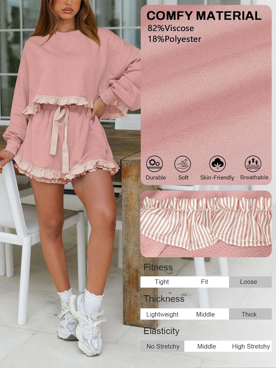 Womens 2 Piece Set Crewneck Sweatshirt Ruffle short Sets Fall Fashion cute tennis Matching Lounge Outfits - Image 3