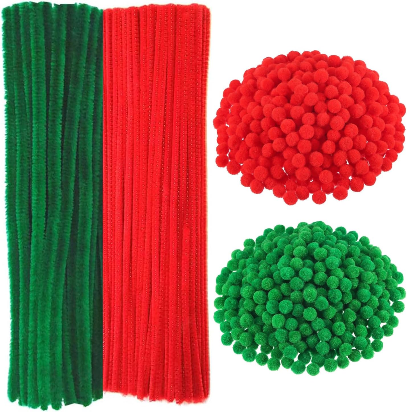 JNAWA 500Pcs Christmas Pipe Cleaners Craft Set 100Pcs Red Green Pipe Cleaner with 400Pcs Pom Pom
