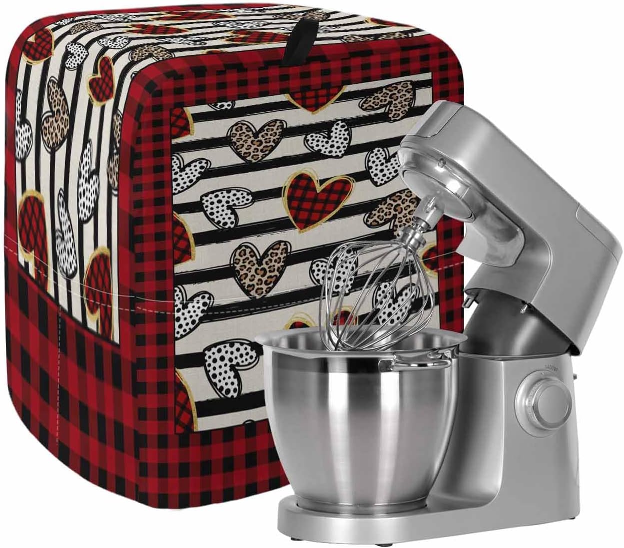 Valentine's Day Stand Mixer Cover with Storage Pocket, Waterproof Kitchen Mixer Covers, Red Buffalo Plaid Love Heart Leopard Stripes Kitchen Appliance Dust Cover Compatible with 5-8 Quart Mixers