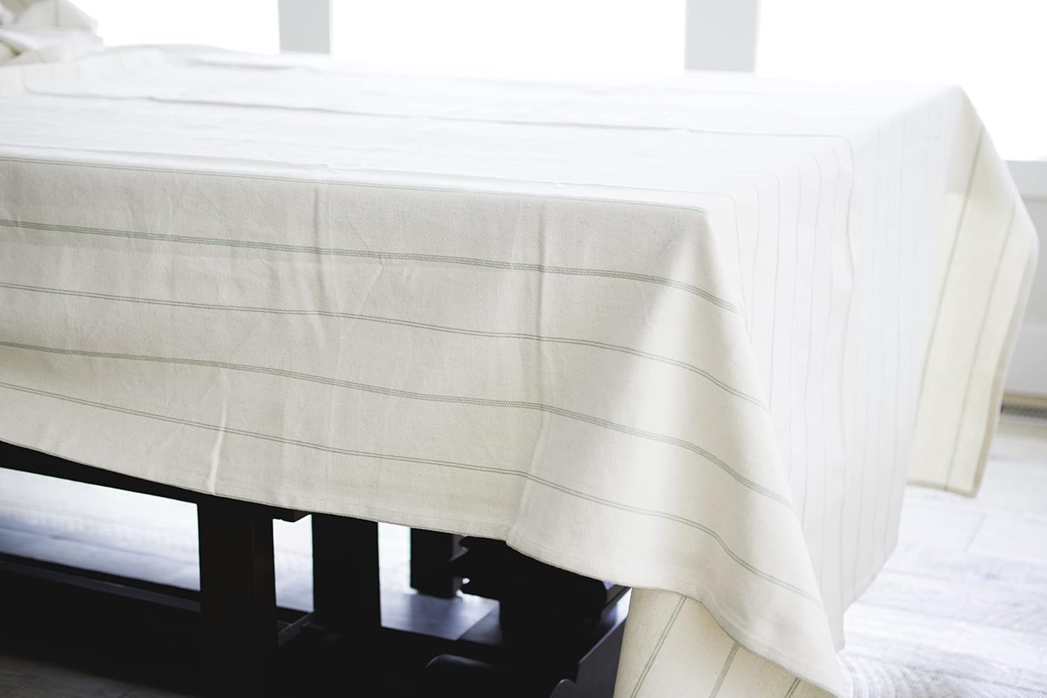 Rectangle Tablecloth – 60 x 120 Inch Cotton Linen Table Cover for Dining Room Tables (Natural/Green Stripe, 60 x 120)