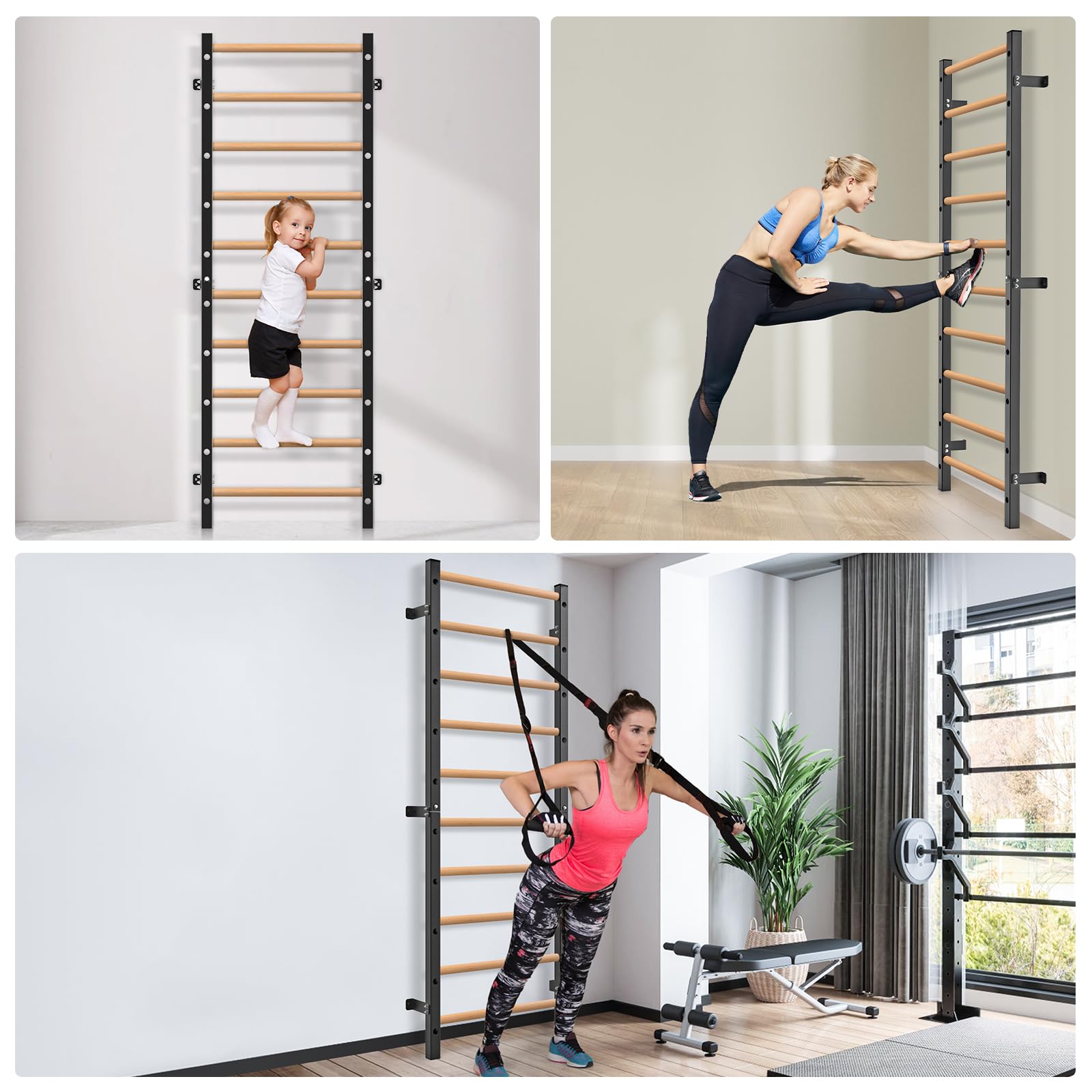 Kipika Turnreck – 5,1 x 5,1 cm schwedische Leiter mit 2,5 cm Loch, wandmontierter Klimmzugstangen-Leiter-Schlingentrainer, Gymnastik-Trainingsreck mit Massivholzgriffen für Zuhause, Wandturnhalle