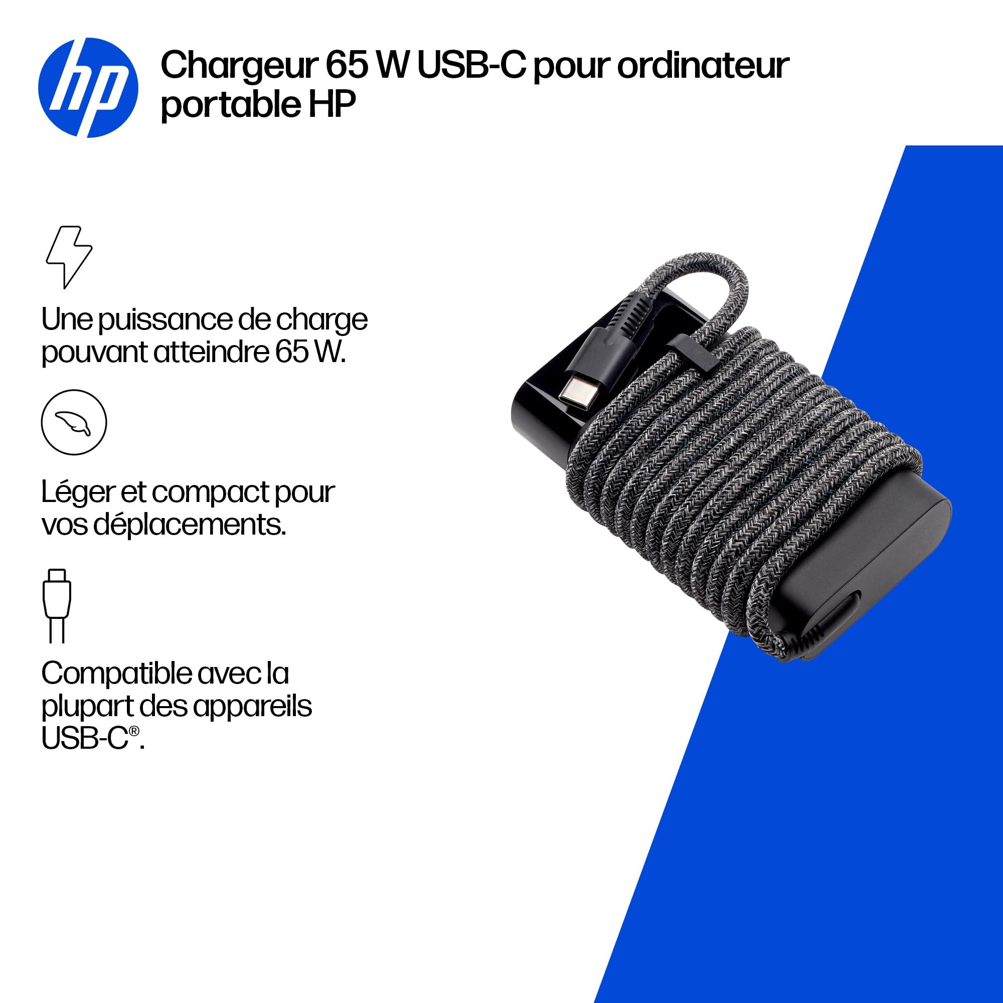 HP Alimentation pour Ordinateur Portable USB-C GaN 65 W, Compatible avec Les PC HP équipés d'un Port USB-C, Noir