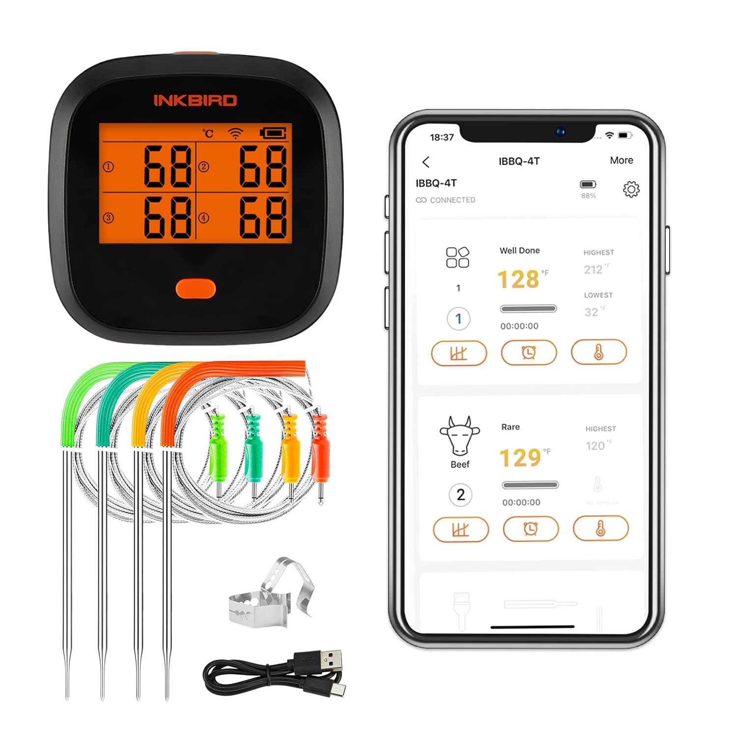 INKBIRD Wireless WiFi Meat Thermometer, Rechargeable 4 Probes Digital BBQ Thermometer IBBQ4T
