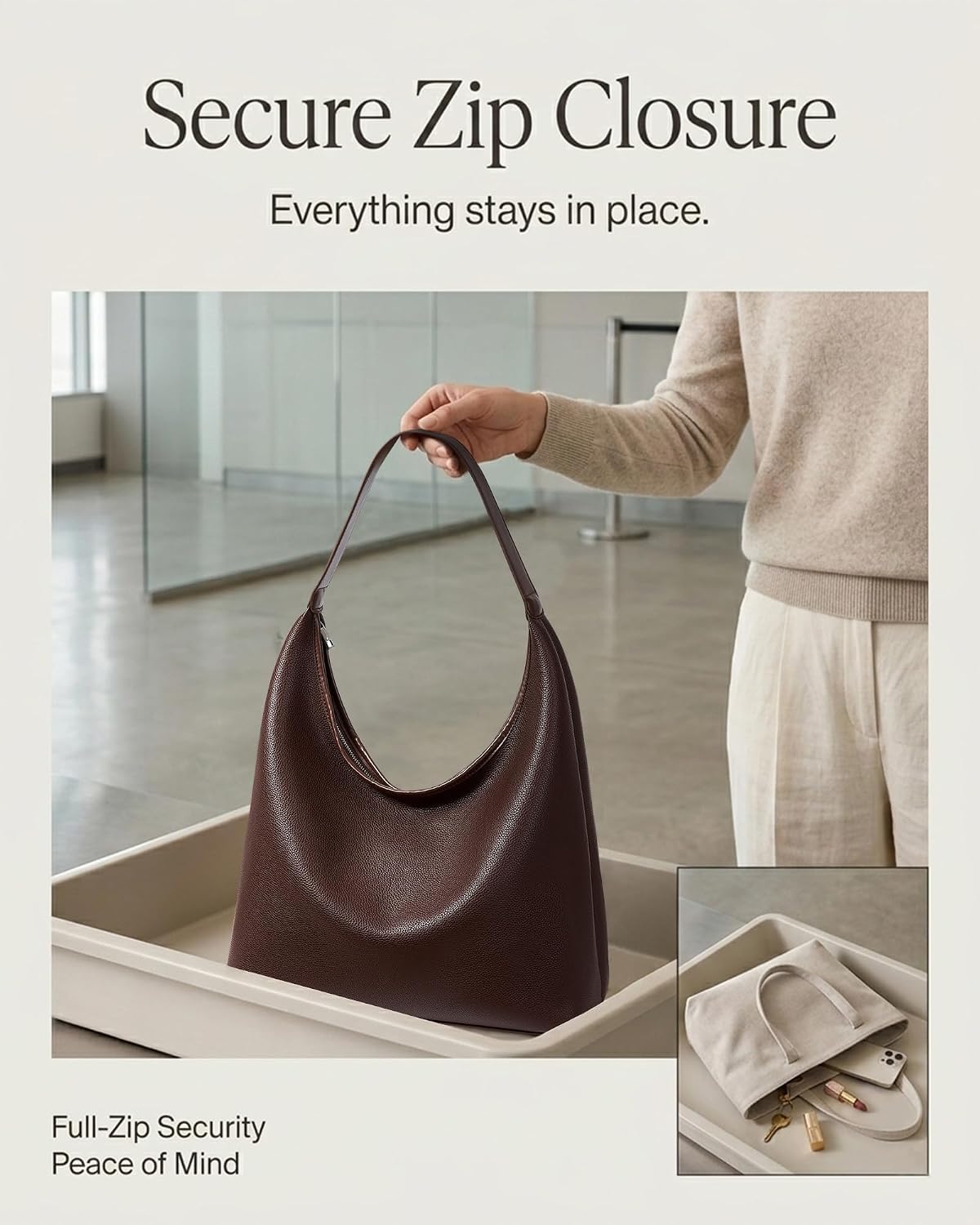 Large Full-Zip Hobo Bag for Women, Soft Vegan Leather Slouchy Shoulder Work Tote, Center Zip Divider, Multiple Pockets Purse