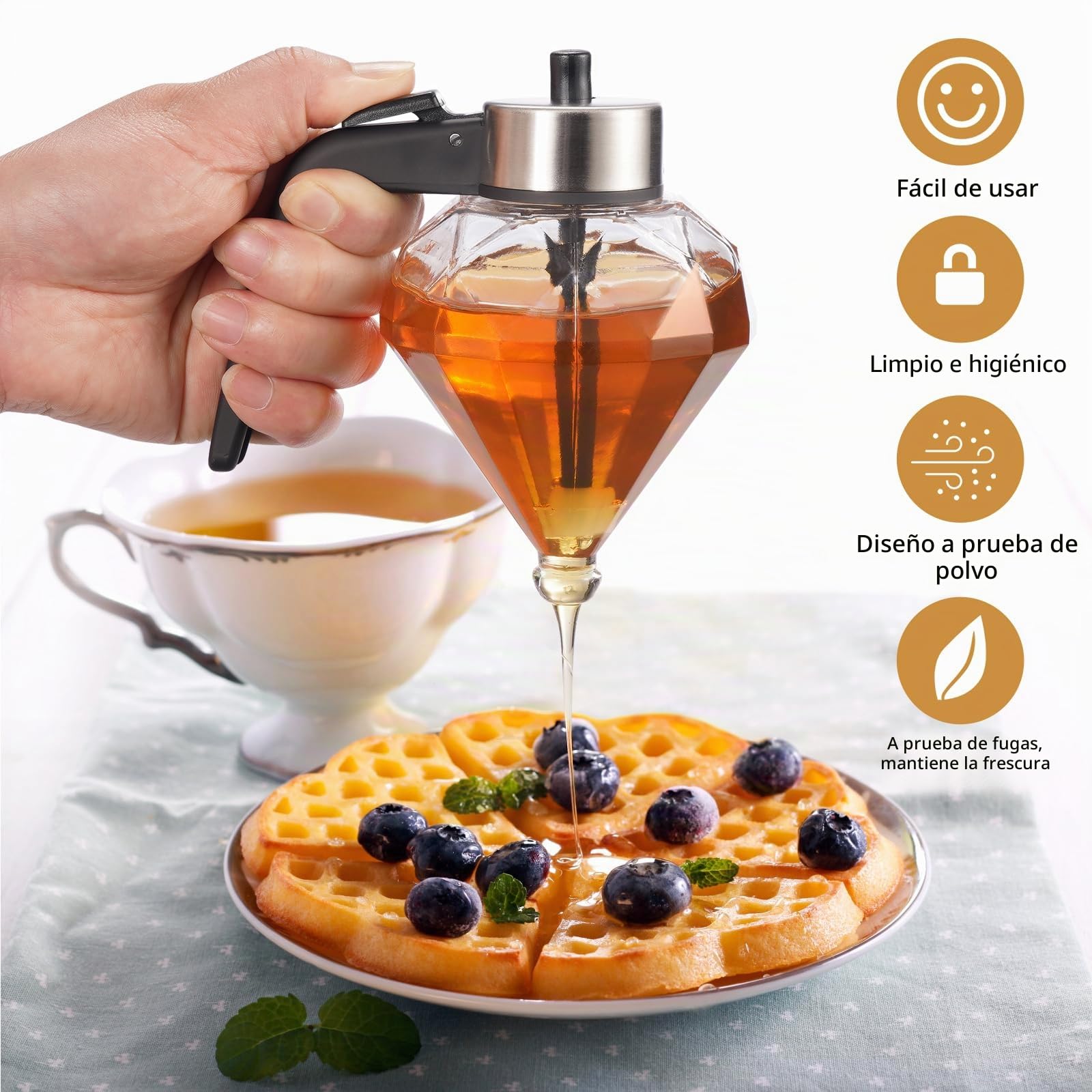 Dispensador de miel de vidrio, sin goteo con soporte, tarro de miel en forma de diamante, hermoso jarabe y tarro de azúcar
