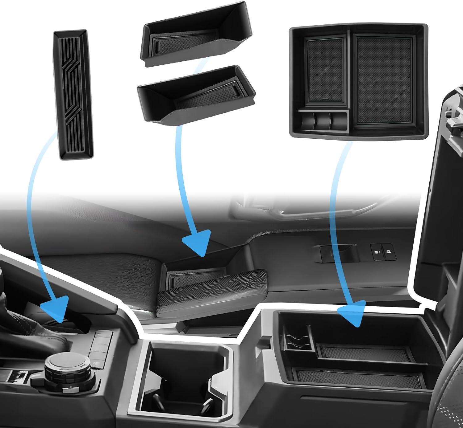 BIBIBO 4Pack for 2024 Toyota Tacoma Center Console Organizer 2024 Toyota Tacoma Gear Shift Shifter Organizer Tray Door Side Storage Box Trash Console Armrest Organizer 2024 Tacoma Insert Organizer