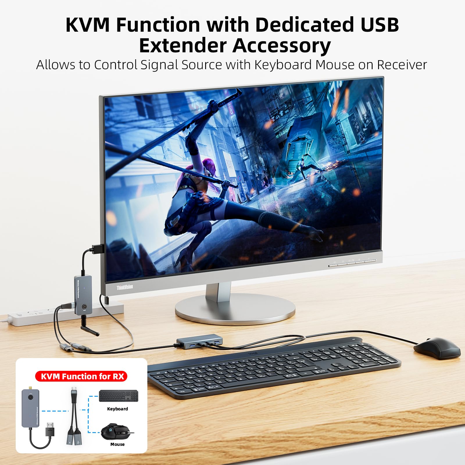 Bezprzewodowy nadajnik i odbiornik KVM USB-C na HDMI 200 m, 1080P przy 60 Hz, bezprzewodowy przedłużacz USB KVM dalekiego zasięgu, obsługa ekranu i rozszerzenie sygnału klawiatury/myszy, szybkie