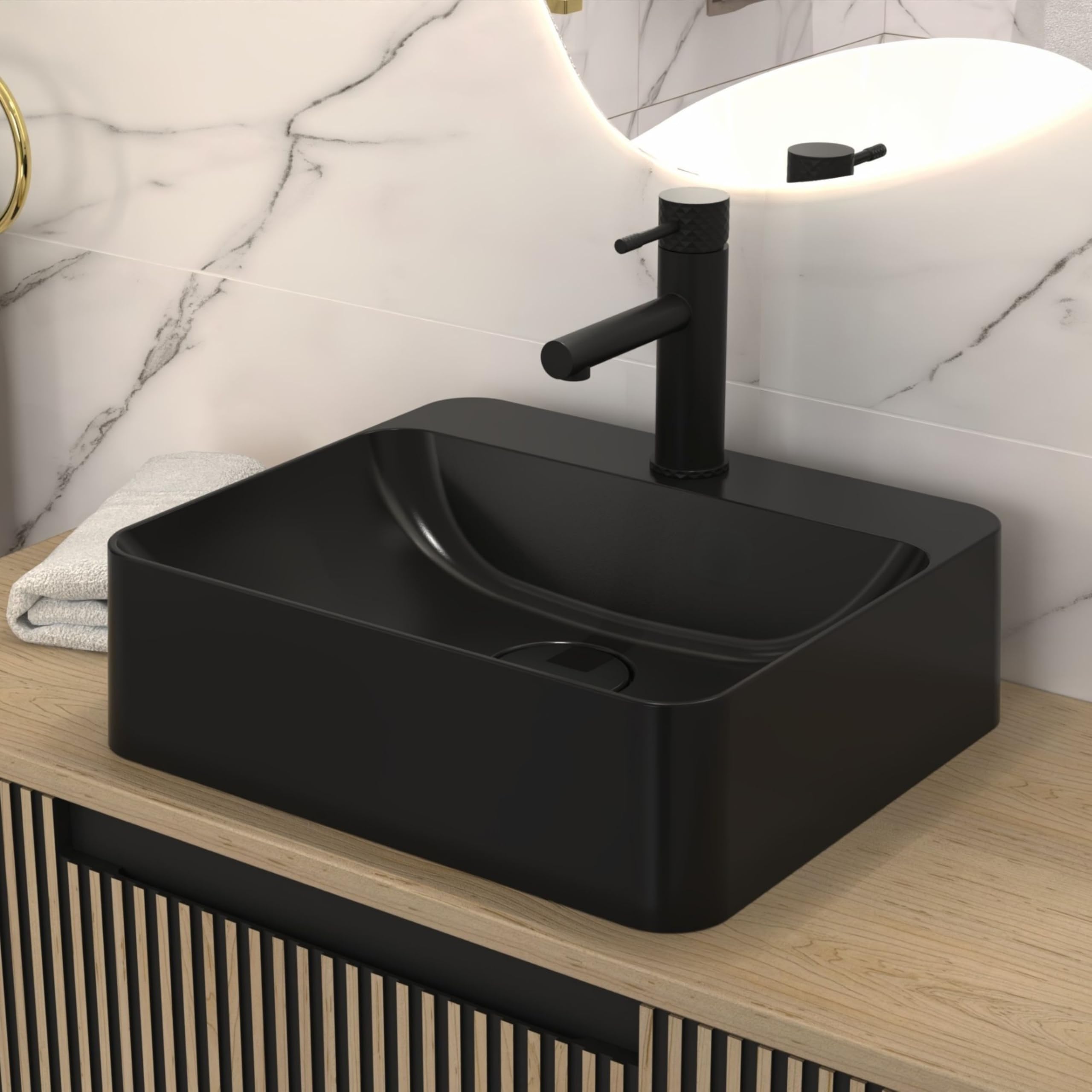 SINK Quality Umywalka nablatowa z otworem armaturowym 45 x 39 cm, czarna matowa – umywalka prostokątna z kompozytu kwarcowego S-QUARTZ, duża umywalka do łazienki, z pokrywą odpływu i zestawem syfonu