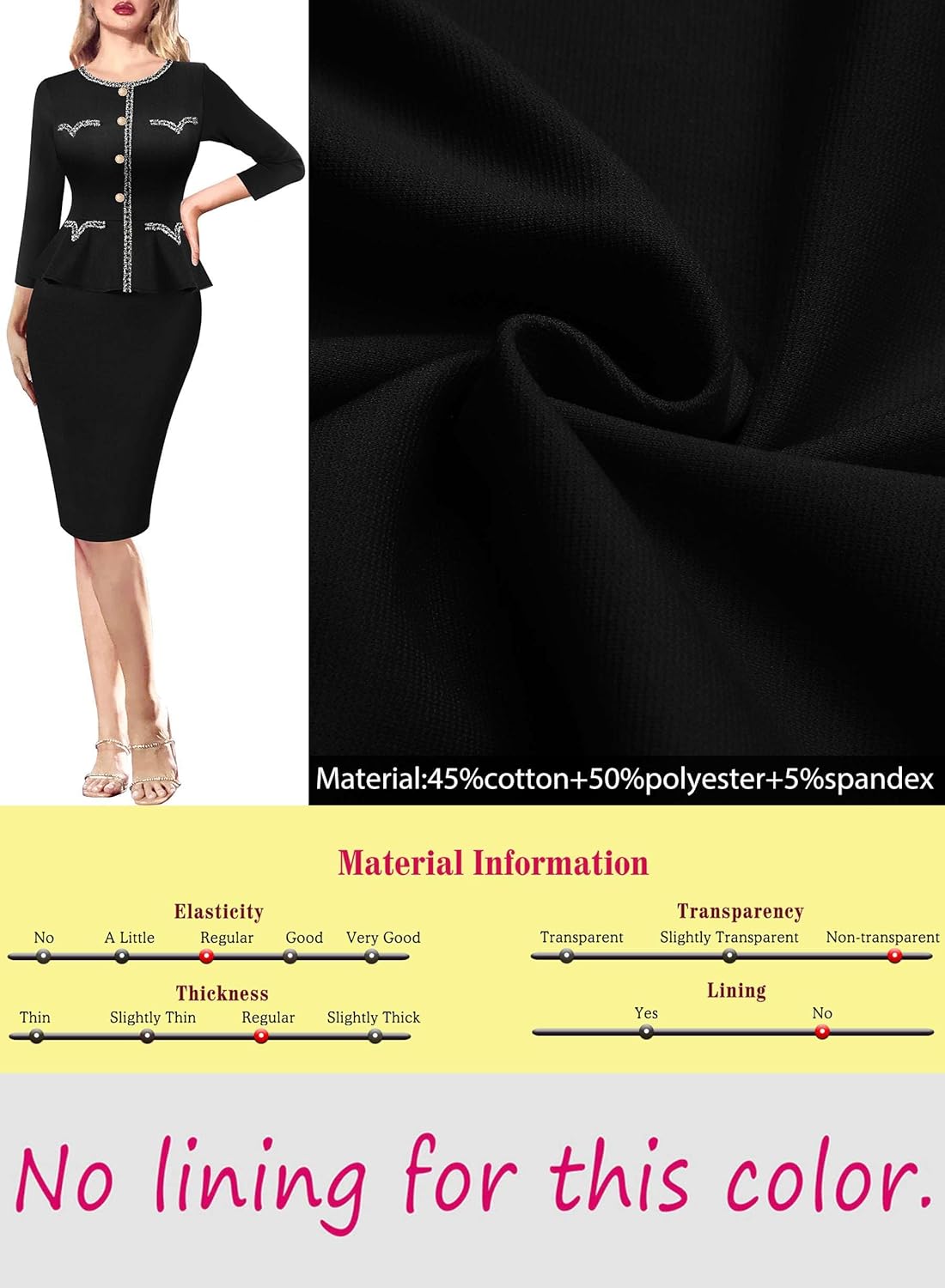 VFSHOW Womens 2024 Work Office Business Buttons Peplum Dress Vintage Church Crew Neck Patchwork Slim Pencil Sheath Dress (Black, XX-Large) 11401 BLK XXL