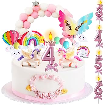 YOUYIKE Unicorn Cake Decoration Cake Topper Girls Including Birthday Candles 3/4/5/6 Years Unicorn Decoration Children's Birthday Rainbow Decoration Cake Unicorn Figures Cake Topper