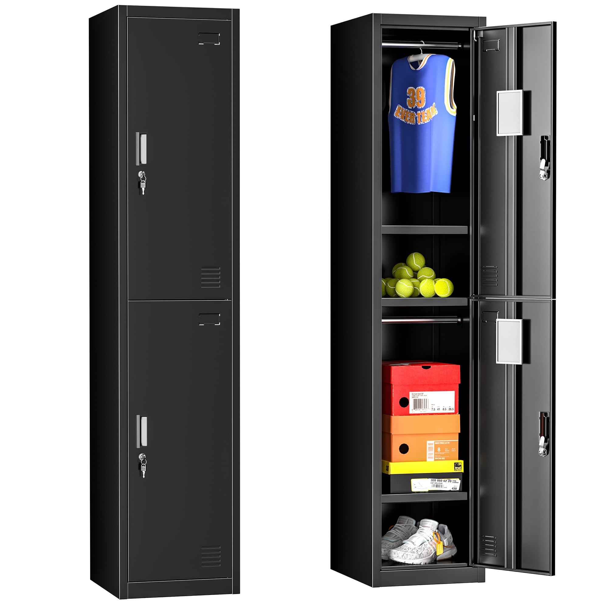 Oakcloud72“ Metal Locker Storage with 2 Doors, Tall Steel Lockers Shelf for Employees with Lock and Card Slot, Locker Storage Cabinet for School, Gym, Home, Office, Garage (Black)
