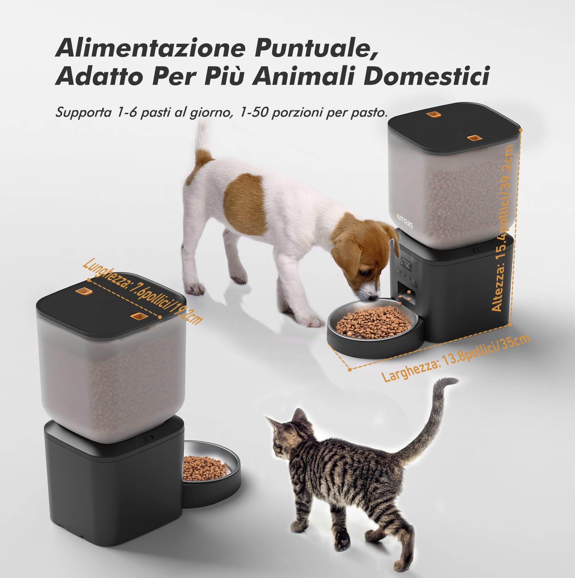 8L Distributore Automatico Cibo Gatti e Cani, Dispenser Crocchette Gatto, Fino a 50 Porzioni e 6 Pasti al Giorno, Ciotola Grande in Acciaio Inox, Alimentazione Duale, Designo Anti-Ostruzione per Cibo