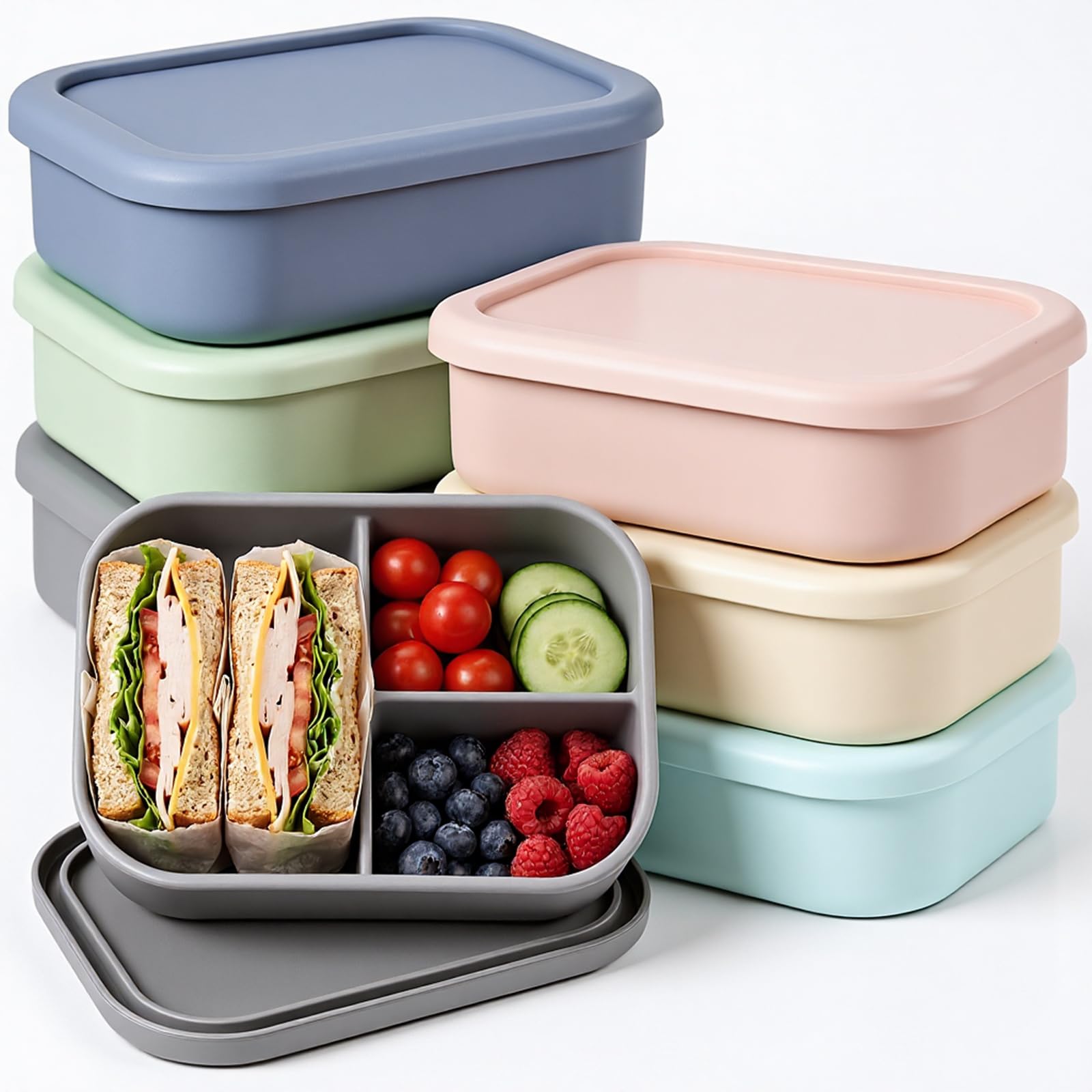 Layhit 6 Pcs Silicone Bento Box for Adults, 27 oz Bento Lunch Container Reusable Food Container for Women Men, Leak Proof Microwave Dishwasher Freezer Safe (3 Compartments,Morandi Colors)