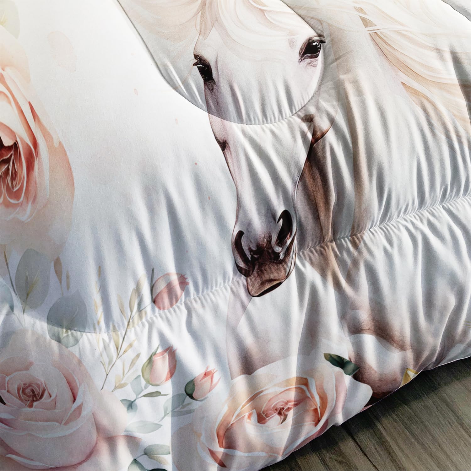 AILONEN Girls Horse Comforter Set, Queen Size, Pink Flower Horse Bedding Set, 3-Piece Bed in a Bag, Wild Animal Themed Quilt & 2 Pillowcases